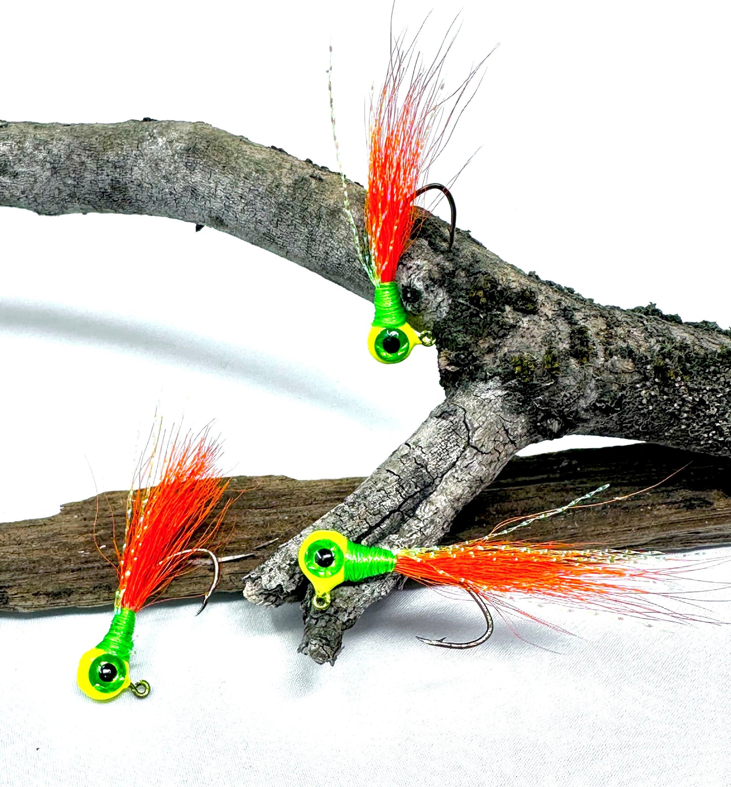 crappie hand tied jigs -popeye Lemon Orange, 3 pack custom hand tied crappie jigs by Sid Louis Jr